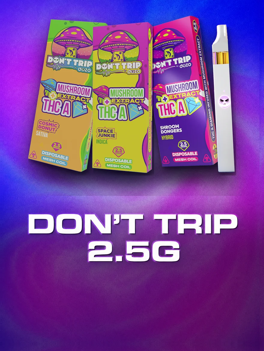 Dozo Don't Trip 2.5g mushroom disposable, three strains