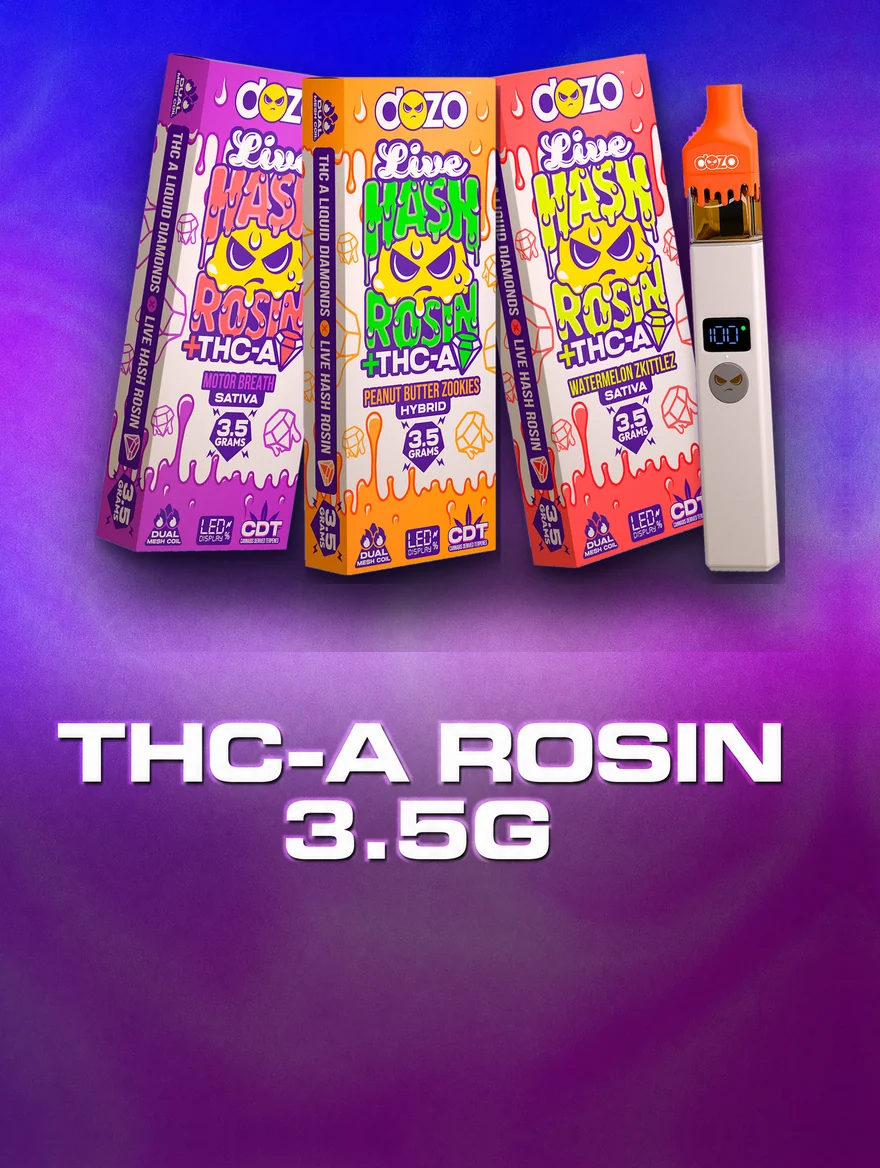 Dozo 3.5g Live Hash Rosin THC-A vapes, three strains