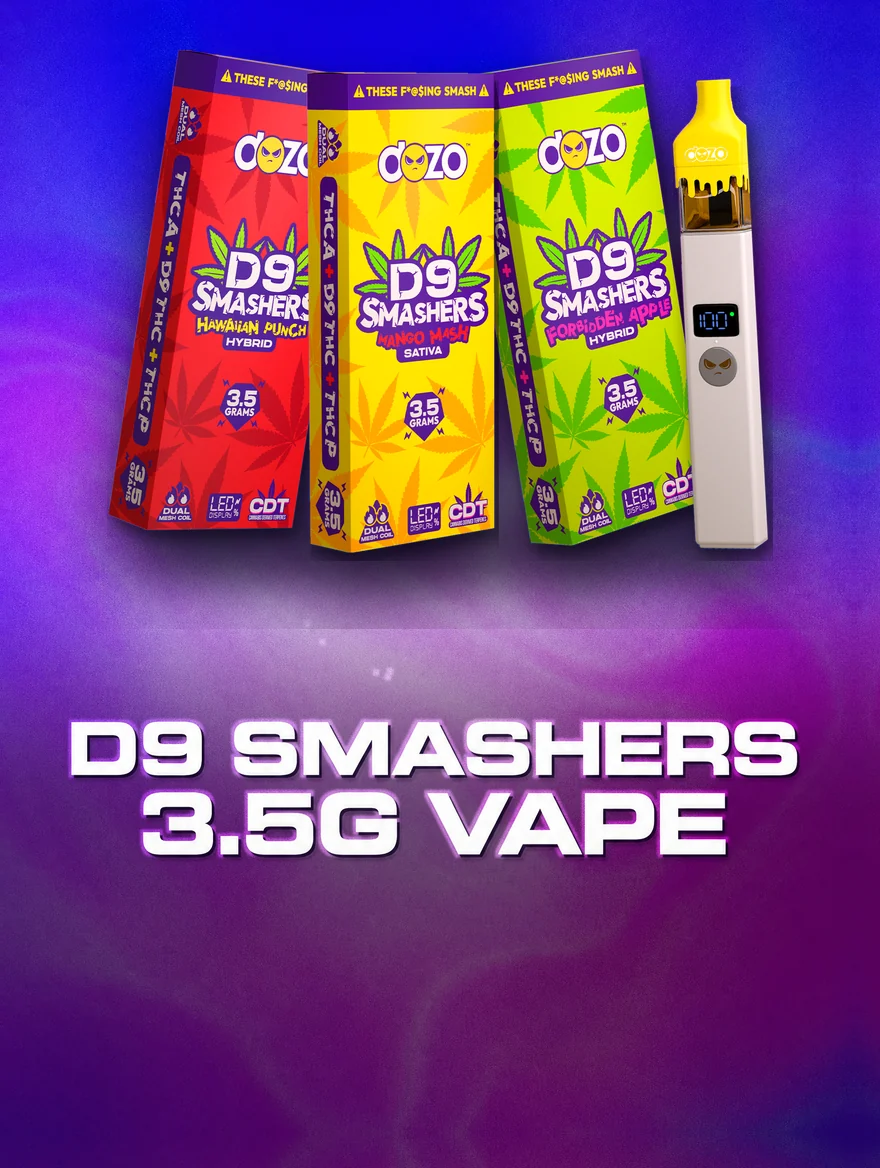 Dozo D9 Smashers 3.5g THC-A disposable vape with box, three flavors